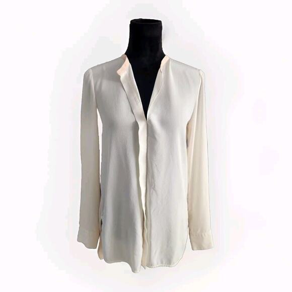 VINCE 100% Silk Long Sleeve Colorblock Blouse Top Size 6 Ivory Peach Split Neck - Picture 3 of 10